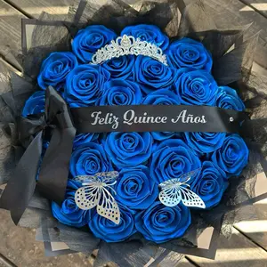 Royal Blue Eternal Rose Bouquet 18-100 Count Big Tiara Silver Butterflies Korean Style Paper Edging for Quinceañera