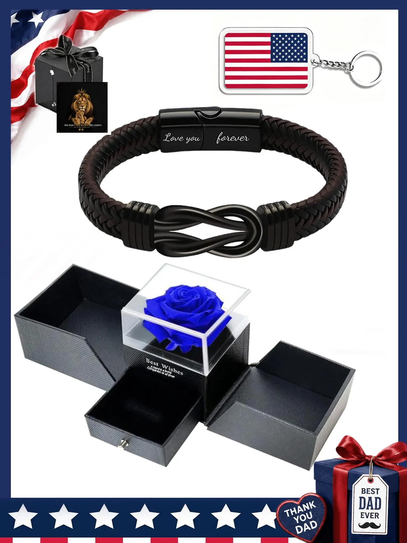 Men's Leather Exquisite Bracelet Set with Blue Rose Gift Box, Father's Day Card, 250th Anniversary Keychain, Perfect Gift for Dad, Knotted Bracelet Jewelry