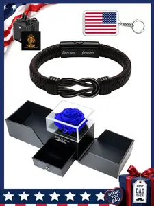 Men's Leather Bracelet Set with Blue Rose Gift Box, Father's Day Card, 250th Anniversary Keychain, Perfect Gift for Dad