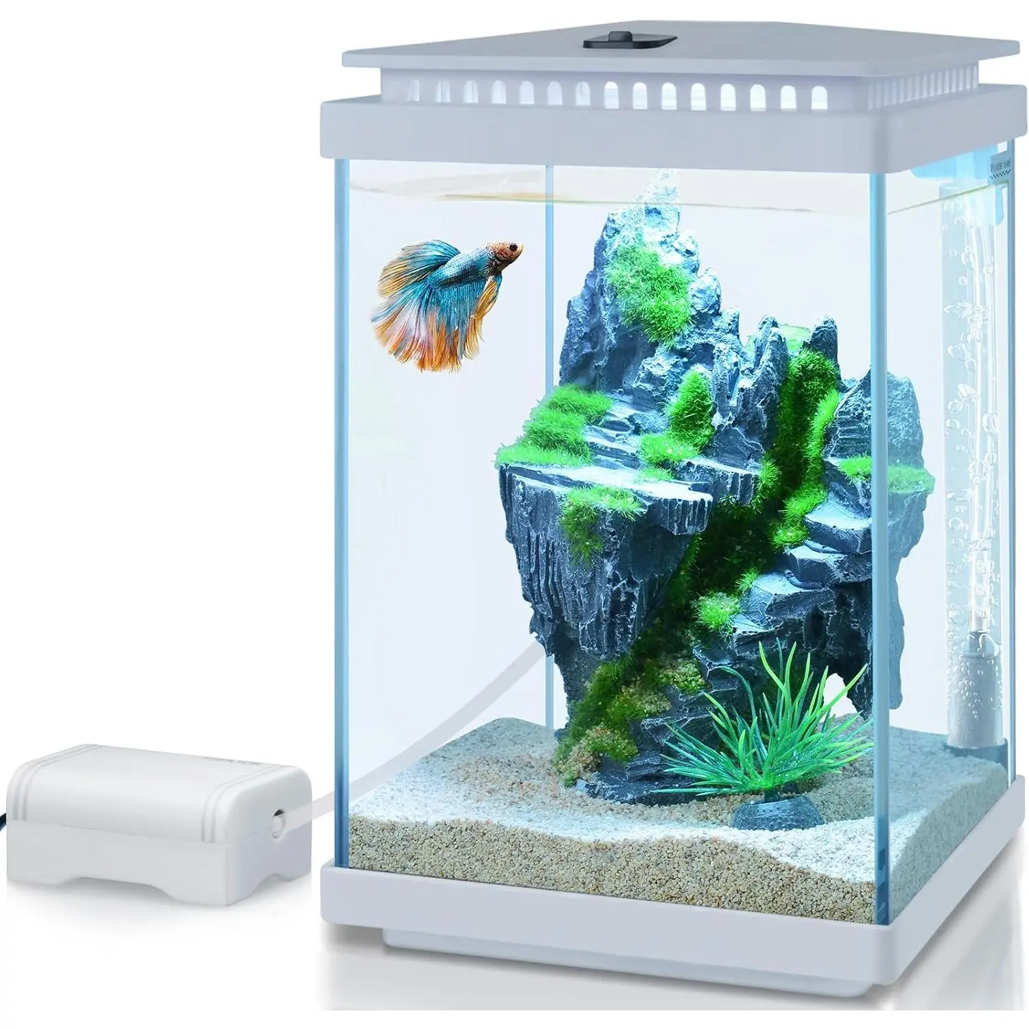 FEDOUR Small Glass Aquarium 1 Gallon Desktop Fish Tank Betta Fish Tank Mini Aquarium Starter Kit with Air Pump LED Light Decoration Water
