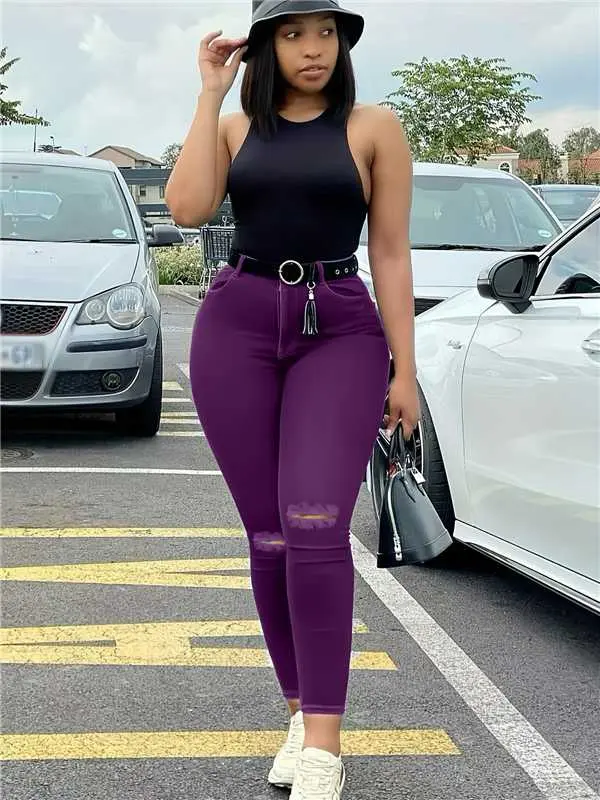JUNBAOSS Women's Mid-Waist Fitted Stretch Denim Jeans - A Type, Curve Body Fashion, Draped, High-Capacity Pockets, Button Closure, Butt-Lifting, Minimalist, Distressed Ripped, Plus Size Basics for Fall Streetwear, Work
