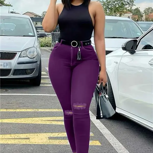 JUNBAOSS Women's Mid-Waist Slim Fitted Stretch Skinny Jeans - A-Type, Curve-Flattering, Draped, High-Capacity Pockets, Button Front, Butt-Lifting, Minimalist, Distressed Ripped, Plus Size Bottoms for Fall Streetwear, Holiday, Party