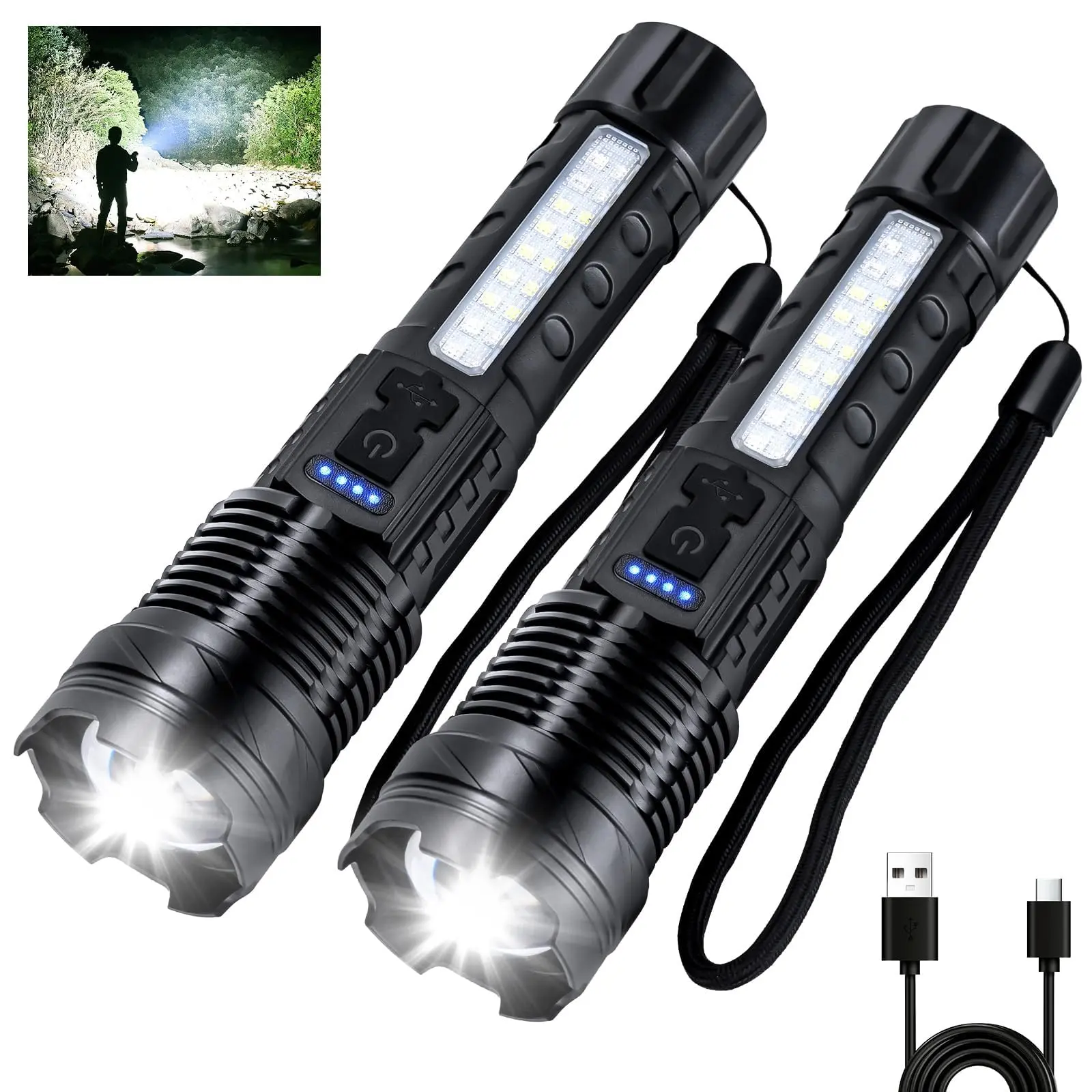Rechargeable Flashlight High Lumens 2 Pack, Led Tactical Flash Light, Super  Bright Flashlights with 7 Modes, USB C Charging, Cob Side Light, IPX6  Waterproof for Camping Emergency - TikTok Shop