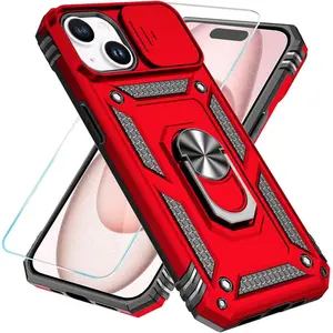 SunStory Compatible with iPhone 15 Case with HD Screen Protector & Slide Camera Cover & Rotated Ring Kickstand, [Military-Grade] Phone Case for iPhone 15,Red