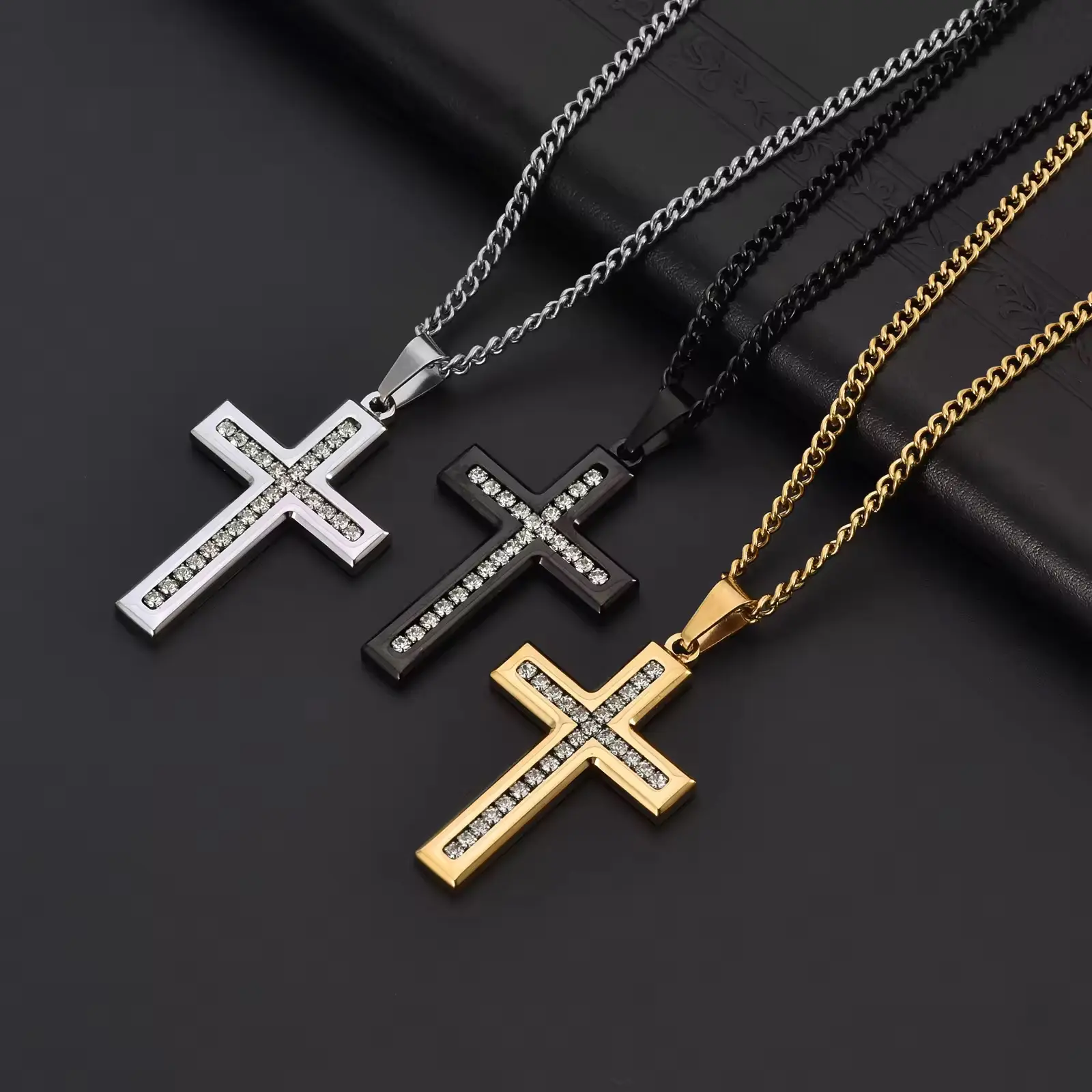 Stainless Steel cross pendant with diamonds