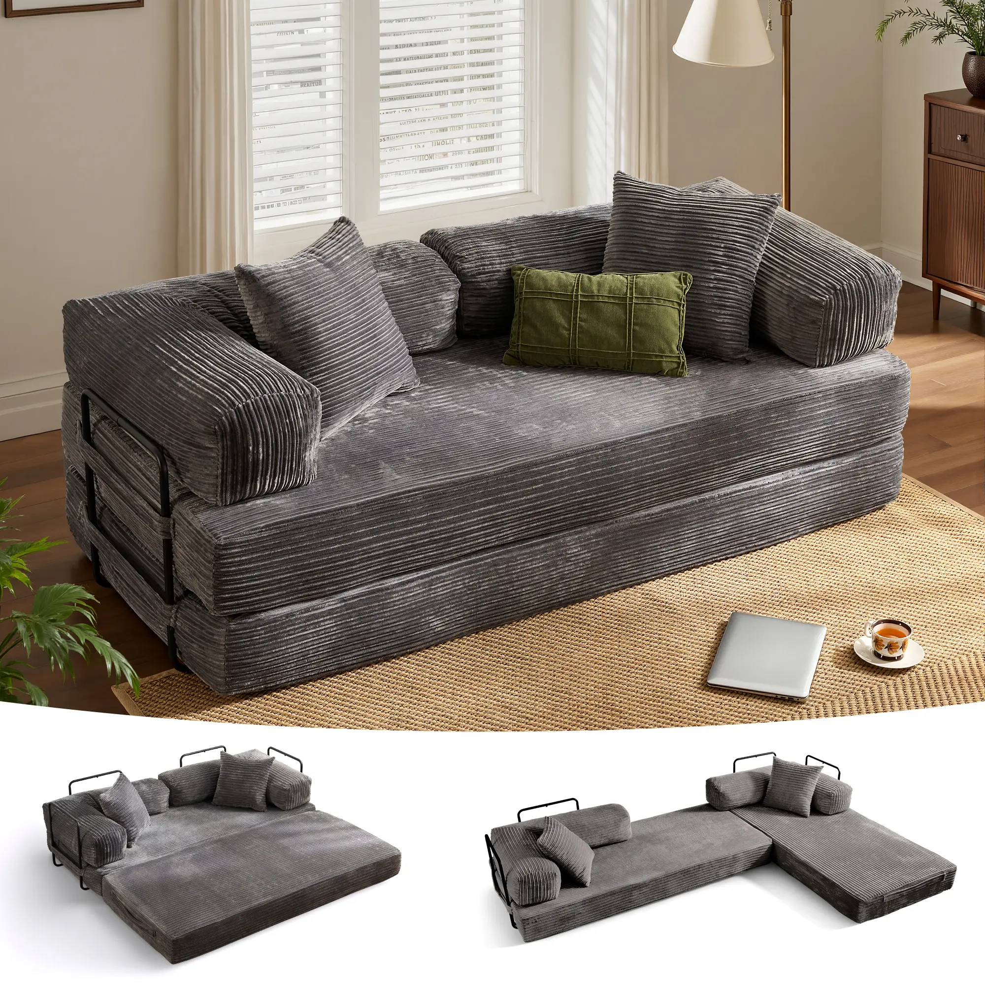 POUUIN 80"-in Boneless 5-in-1 Convertible Folding Loveseat Sleeper - Ultra-Soft Corduroy Comfy Couch with Pillows, High-Density Foam, Pocket Springs, 330LBS Capacity, No-Assembly Modern Indoor Furniture for Living Room, Small Spaces, Kid Room Children