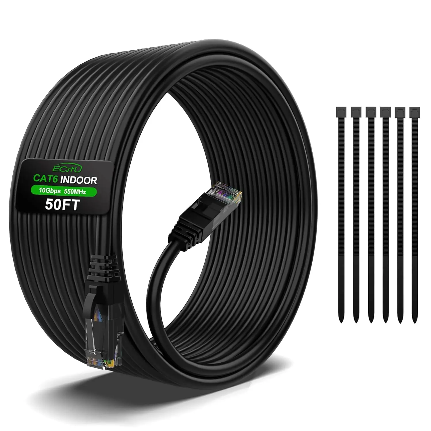 50FT Cat6 Ethernet Cable, Cat 6 Patch Cable, Cat6 Internet Cable, UTP Network Cable, Indoor and Outdoor, PoE, 24AWG CCA, Compatible for PC, Laptop, Router, Switch, Server, with 25 Cable Ties - Black