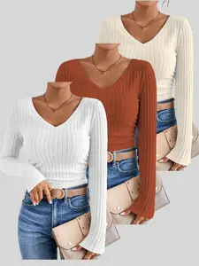 New Women's Autumn Winter Home Wear V Neck Long Sleeve T-Shirt Set, Casual Comfortable Fitted Top for Ladies, Perfect for Daily Use Basic