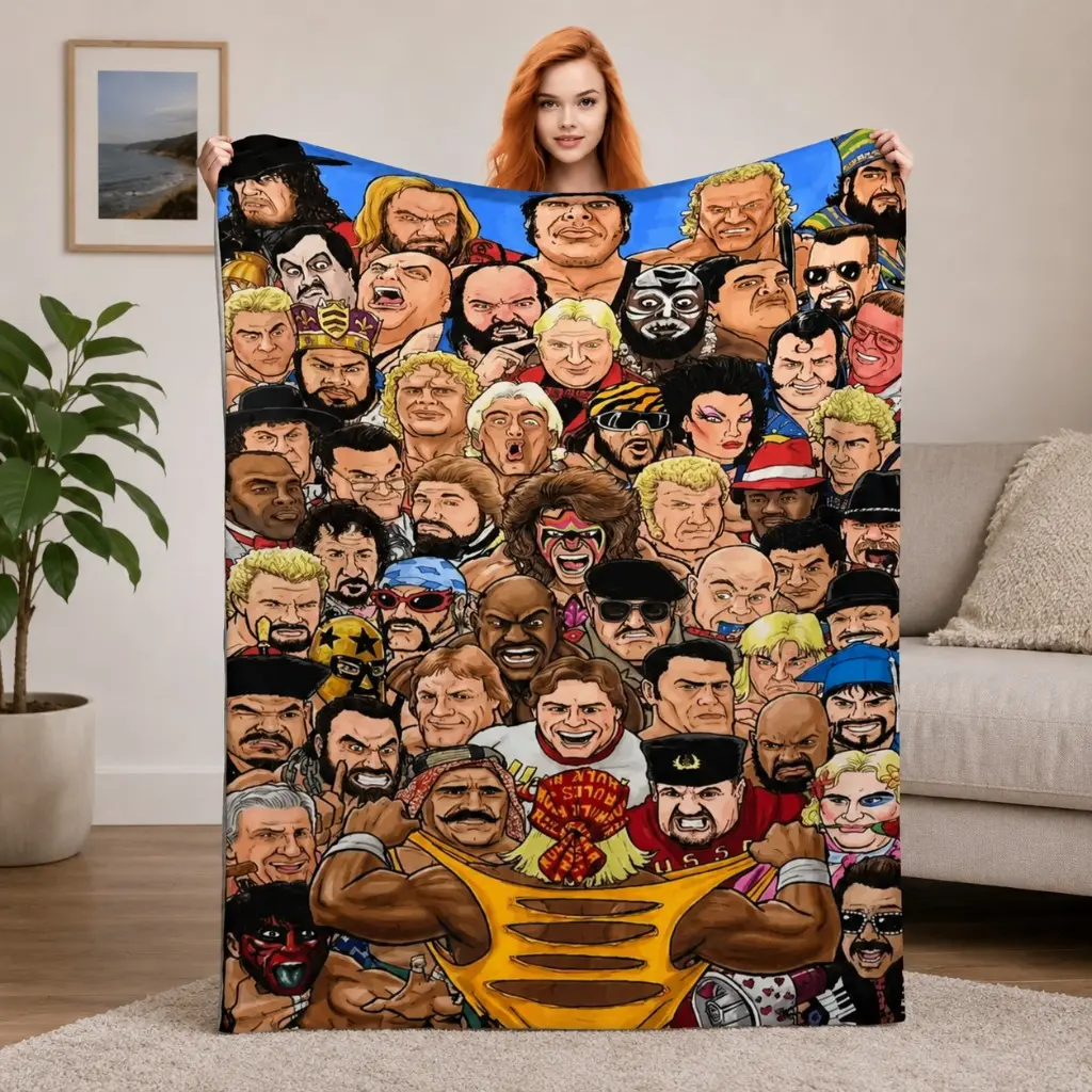 [Father's Day Gift] Hulk Hogan & WWE Legends Plush Blanket, Wrestling Superstar Collage Throw, Cozy Fan Gift for Man Cave Decor