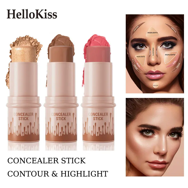 3 Pcs Makeup Stick Kit - Lightweight Long-Wear Cosmetic Set, Highlighter & Blush & Contouring Sticks, Portable Waterproof Concealer Kit for Daily Makeup, Dating & On-the-Go Touch-Ups