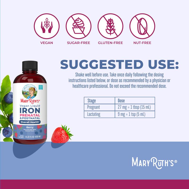 MaryRuth's Prenatal & Posnatal Liquid Iron - Liquid Iron Supplement for Pregnant & Lactating - Immune Support - Sugar Free - Vegan - 15.22 Fl Oz