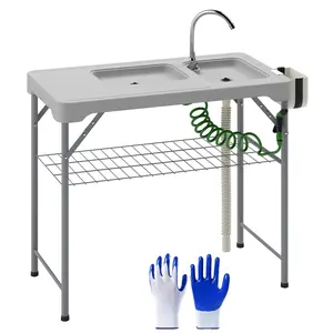 Multifunctional Outdoor Sink Table with Faucet Sprayer, Complete Drainage System, Layered Storage, Foldable Space-Saving Design – Ideal for Fishing Tournaments, Patios