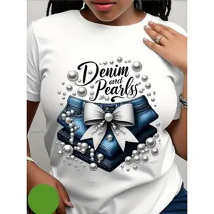 Denim And Pearls Graphic Tee Bow And Pearl Jeans Print Oversized Streetwear Casual Crewneck Short Sleeve Soft Cotton Unisex Top Trendy Outfit