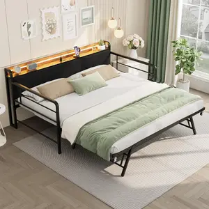 Twin Daybed with Pop-Up Trundle - LED Light & Charging Station - Corduroy Upholstered Storage Headboard - Heavy Duty Metal Frame for Living Room, Bedroom, Guest Room - Black or White
