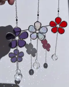 Stained Glass Daisy Suncatcher with Rainbow Making Crystal! Choose between Purple, Iridescent Florentine & Iridescent Ruby Red Daisies! Handmade!