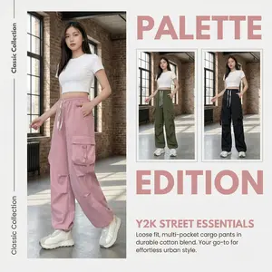 Women's Elastic Thick Cargo Trousers - Lady's Minimalist Basic Bottoms, High-Waisted Loose Wide-Leg Workwear with Pockets, Adjustable Cuffs, Y2K Streetwear, Summer Casual Daily Wear