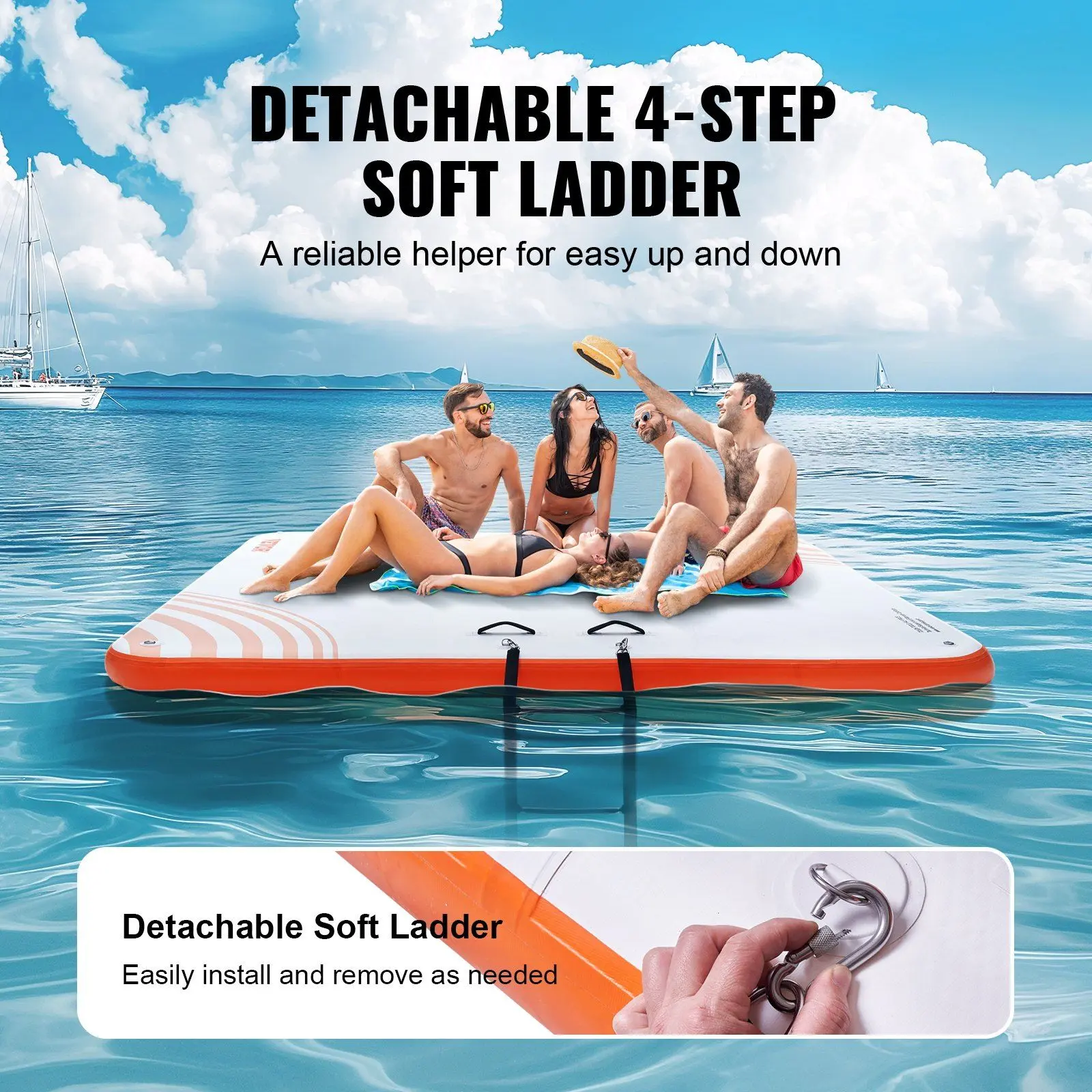 7x7 ft PVC-Coated Fabric Inflatable Floating Dock Platform for Kid or Adult, Non-Slip Water Mat with Portable Bag, 4-Step Detachable Ladder, Ladder Rope, Reinforced Handles, Manual Anchoring System, for Swimming Yoga, Tanning, Outdoor Pool Use