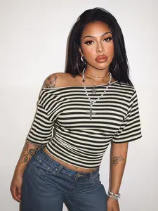 Women's Brown Blue Striped Off Shoulder Crop Top 2026 Y2K Retro Slim Fit Stretchy Short Sleeve T-Shirt With No Ruched Side Casual Going Out Streetwear Summer Daily Trendy Outfits Viral TikTok Made Me Buy It Fashion