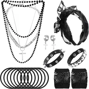 80s Costume Accessories for Women, Punk Fancy Dress Party Kit with Lace Headband Earrings Fishnet Gloves Necklace Bracelet for 80's Retro Themed
