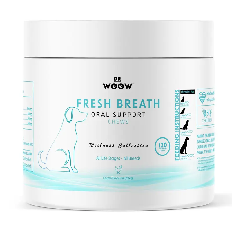 Dr Woow Dental Chews - 120 CT Dog & Cat Oral Care Supplement, Bad Breath Fix with Clove, Kelp, Turkey Tail Mushroom, Parsley for Gum & Teeth Health, Easy to Use