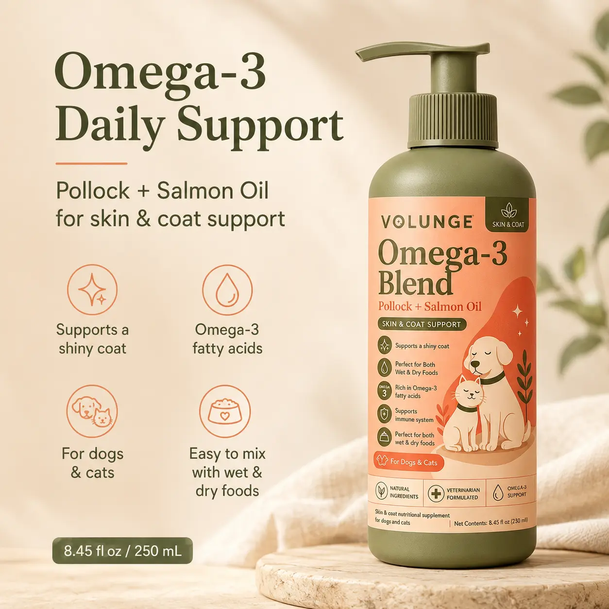 Fish Oil for Dogs and Cats, Omega-3 Fatty Acid Supplement with Salmon & Pollock Oil, Coat Care Nutrition for Wet & Dry Food, 250ml