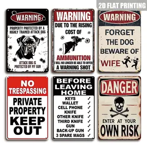 2D Flat, 6pcs Warning Metal Tin Signs Wall Hanging No Trespassing Posters Decorative Signs & Plaques, Vintage Garage Signs, Western Decor, 8x12 Inch Wall Art Indoor Outdoor Decoration For Gate, Front Door, Back Yard, Wall, Home, Room