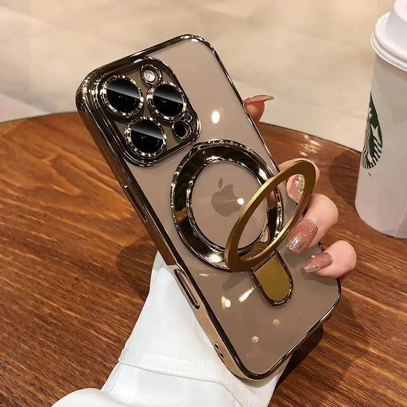 Luxury Electroplated Metallic Smartphone Case - Shockproof TPU, Built-in Magnetic Invisible Stand, Scratch-Resistant Camera Protector, MagSafe Compatible, Military-Grade Protection, 3-in-1 for iPhone 17 Pro Max/17 Air/16/15/14/13/12 Cellphone Accessories