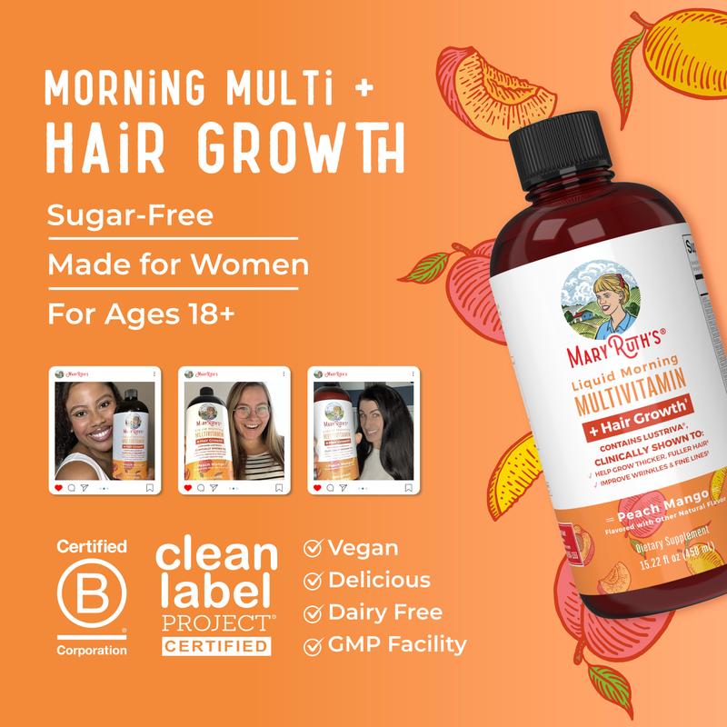 MaryRuth's Liquid Multivitamin + Hair Growth - Clinically Tested Lustriva for Thicker Hair in Women - Improve Facial Wrinkles - Vegan - 15.22 Fl Oz