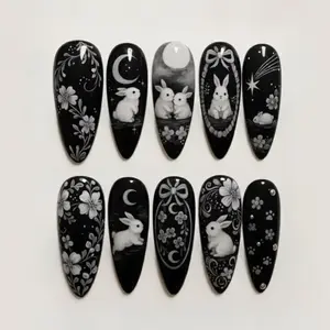 Midnight Moon Bunny Press On Nails, Black White Gothic Rabbit Nail Art, Celestial Floral Hand Painted Nails, Dark Fairycore Almond Nails