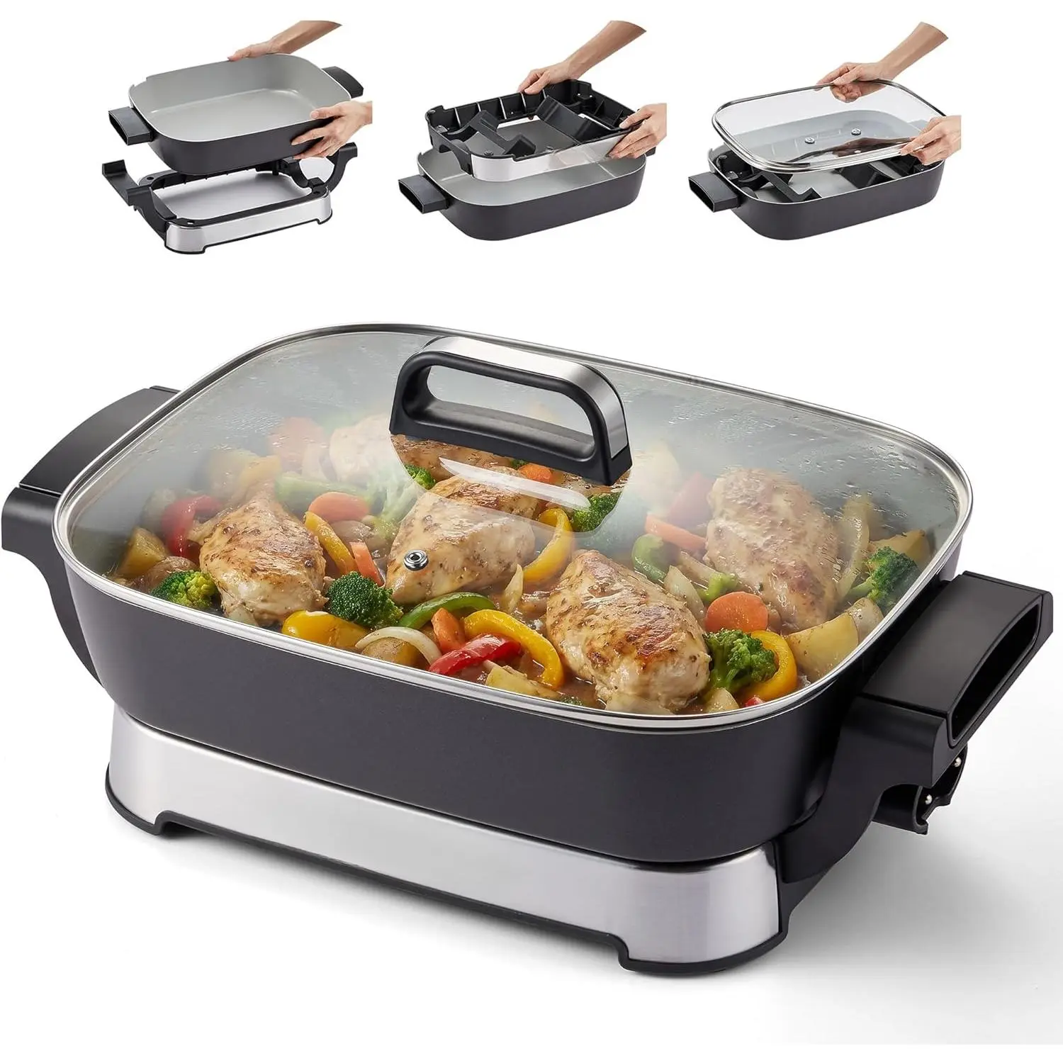 Large 15"x12"x3" Foldable Space-Saving Stow-Away Electric Skillet - Ceralast™ PFAS-Free Ceramic Cookware, 1500W Rapid Heat, Dishwasher-Safe Pan & Lid, Black/Grey Kitchen Appliances for Family Dinner & Lunch