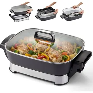 15" x 12" x 3" Stow-Away Foldable Electric Skillet, Ceralast™ PFAS Free Ceramic, 1500W Rapid Heat, Dishwasher Safe Pan & Lid, Black/Grey