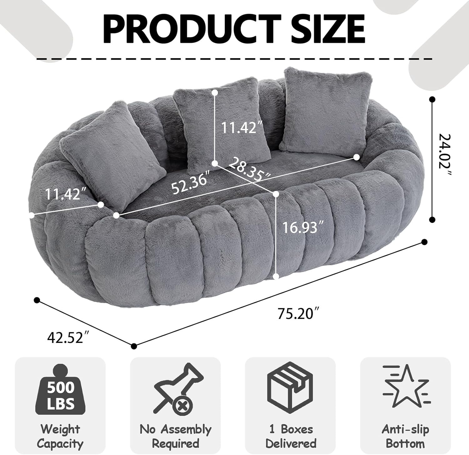Fluffy Bean Bag Loveseat, Cloud Giant Bean Bag Couch for Adults with Filling and 3 Pillow, Soft Faux Fur Floor Sofa & Cozy Reading Chair for Bedroom, Living Room, Apartment (Grey, Lovesear)