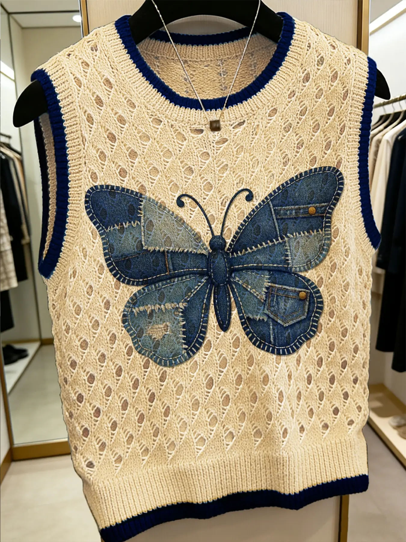 Women's Vintage Butterfly Patchwork Knitted Vest, Casual Round Neck Sleeveless Sweater for Spring Summer Fall, Breathable Loose-Fitting Top
