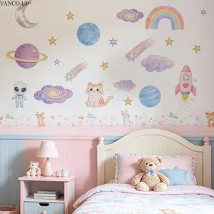 1Pc (30*90cm) Dreamy Pink Series Space Wall Sticker, Rainbow Cloud Planet Cat Design, Warm Self-Adhesive Decor for Girls Bedroom