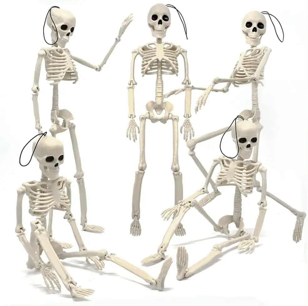 5Pcs Hanging Skeleton Halloween Decorations, 16in Movable Joints Realistic Full Body Poseable Plastic Skeleton for Yard Garden Patio Haunted House Halloween Party Decoration