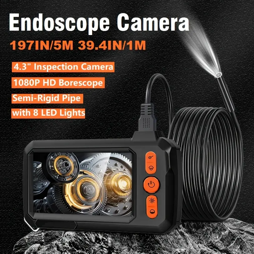 1080P HD Endoscope Camera for Car Inspection - 4.3in Display, Semi-Rigid Snake Cable Borescope, 8 LED Lights, 39.4in/1m Cable, 1-Click 180° Image Rotation, Accessory Kit, Automotive Mechanic Tool