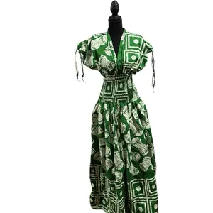 Ready to Wear Green and White Patterned Smokey Maxi-Length Ankara Gown for Women. Size 6-10