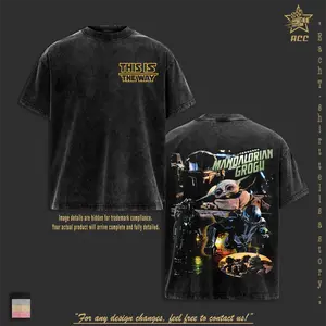 Retro Mandalorian and Grogu: Din Djarin Space Galaxy Warriors Edition Double-Printed Oversize Lightweight Acid-Washed Premium Cotton T-Shirt & Tank Top, Classic Soft Relaxed Fit Apparel, TV/Film Graphic Streetwear Menswear Top