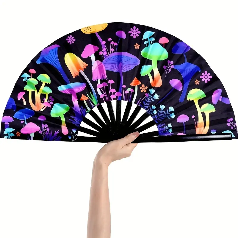 13-inch large carnival folding hand fan, bamboo-made festive drum that can be folded and emits light as an EDM fan, suitable for carnival costume accessories, performance dance parties, suitable for both men and women, Portable folding fan