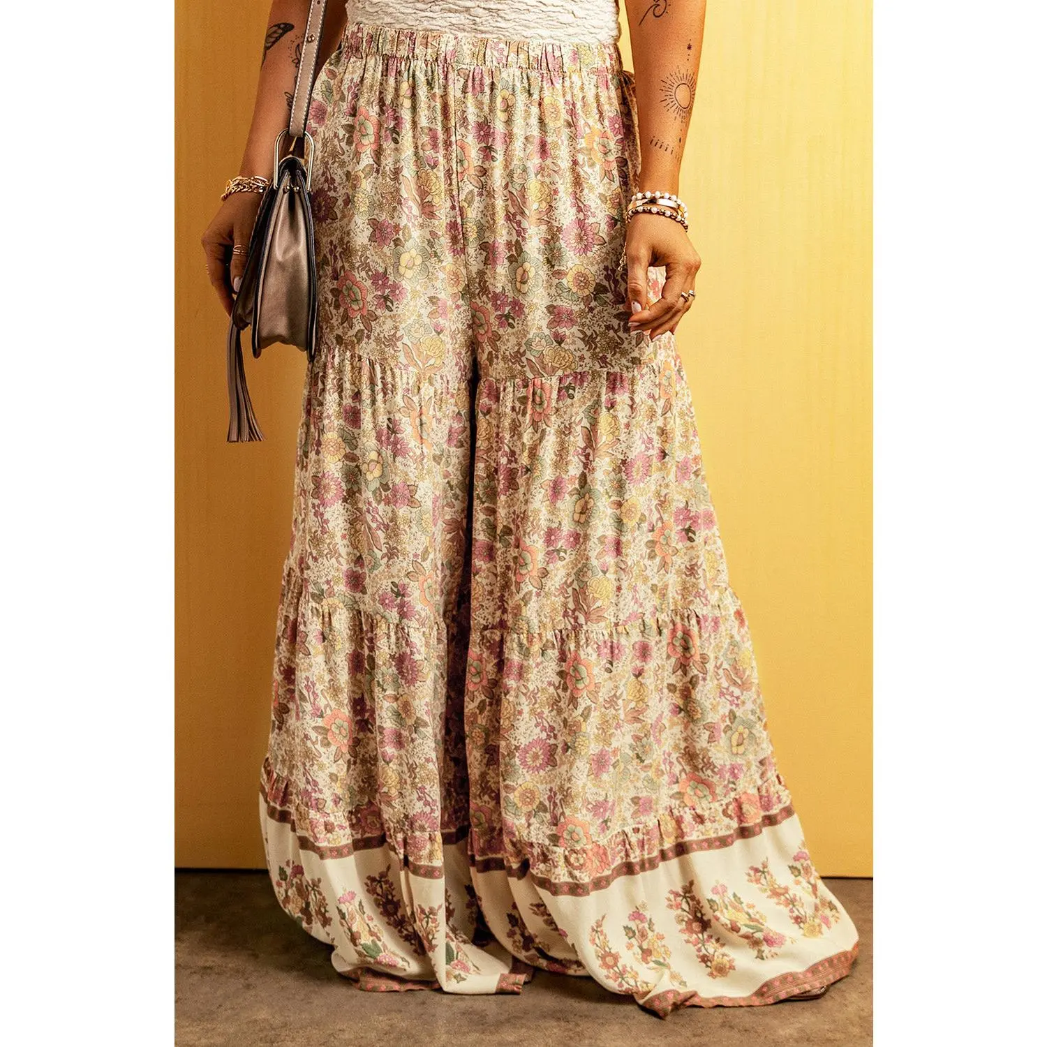Multicolor Boho Floral Patchwork Loose Fit Wide Leg Pants