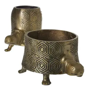 Tommie the Turtle Planter - Antique-Gold Metal - Short Dimensions: 8.75" x 6.5" x 4.75" - Alluring Home Improvement Garden Pots & Planters