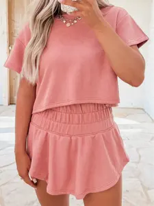 2pcs Cropped Tee and Ruffle High Waist Skort Set, Effortlessly Cool Cropped Tee For A Casual Look.