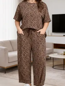 Plus Size Brown Leopard Loose Top Pleated Pants Daily Outfit Matching Set