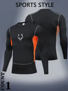 Men's Casual Sport T-Shirt, Mesh Breathable Long Sleeve Quick-Dry, Elastic Compressive Fit, Wolf Head Print, Ideal for Outdoor Activities