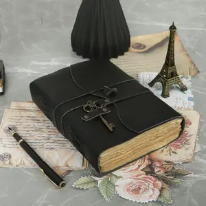 Leather Journal with unlined Deckle Edge Paper Vintage Key/ Handmade Writing Notebook Diary/ Bound Daily Notepad for Men & Women (Black)