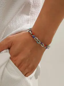 Men's Simple Stainless Steel Colorful Beaded Link Bracelet, Fashion Versatile Casual Accessories