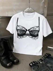 Women's Casual Vibe Round Neck Short Sleeve Crop Top Fit, Y2K Daily Wear, Inner Print Design, Perfect for Layering and Fashionable Choice, Womenswear