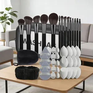 44 Piece Luxury Makeup Tool Set, Makeup Brush Kit, 14 Synthetic Makeup Brushes, Beauty Sponge, Powder Puff, Cleansing Finger Sleeves, Full Coverage, Soft Hair, Dry Wet Use