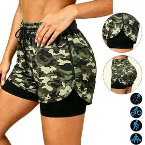 Women’s trendy camouflage 2-in-1 stretch support athletic shorts — quick-drying, breathable, anti-exposure lining, anti-chafing design; suitable for running, fitness, hiking, and training.
