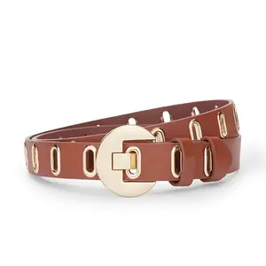 Women's Preppy Faux Leather Belt - 1 Count, No-Punch Design, Lightweight, Non-Textile Weave, Average Size, Versatile for Jeans & Casual Occasions + Coral Satin-Lined Halo Turban Head Wrap